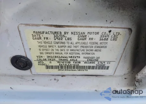 2006 Nissan Sentra 1.8S z USA, uszkodzony, nr VIN 3N1CB51A66L483195